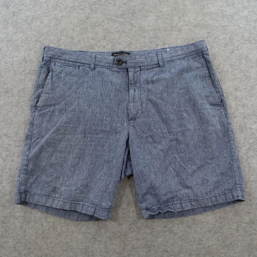 Banana Republic Mens 38 Blue Chino Linen Blend Shorts Resort Casual Pinstripe